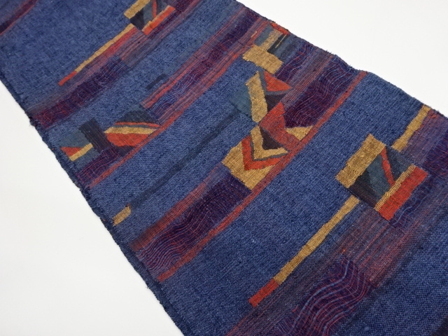 リサイクル　手織り真綿紬すくい織変わり横段に色紙模様織出し名古屋帯